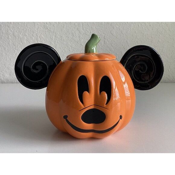 Disney Mickey Mouse Halloween Jack-O’-Lantern Pumpkin Ceramic Cookie Jar NEW - Picture 1 of 9